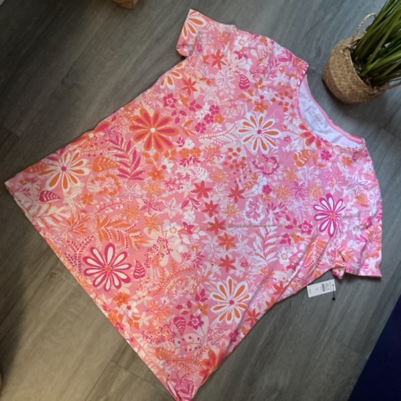 TALBOTS Floral Pink Orange Multi Crew Neck Tee Short Sleeve Women’s Plus X - Picture 1 of 4